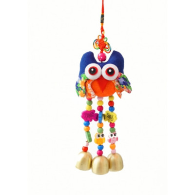 Подвеска из ткани "Сова" + 3 литых колокольчика Синяя